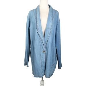Vintage 90s Amanda Gray Blue Denim Chambray Long Blazer Jacket L